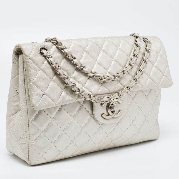 Chanel Metallic Grey Quilted Leather Maxi Classic Single Flap Bag - Picture 3 of 4